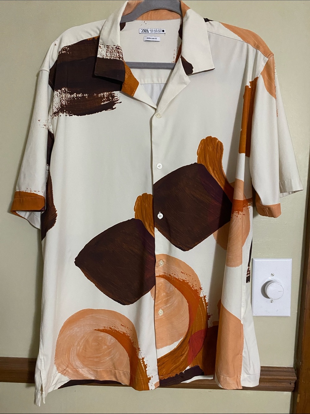 Zara Men Short Sleeve Artistic Print Shirt - Cream, Brown & Tan